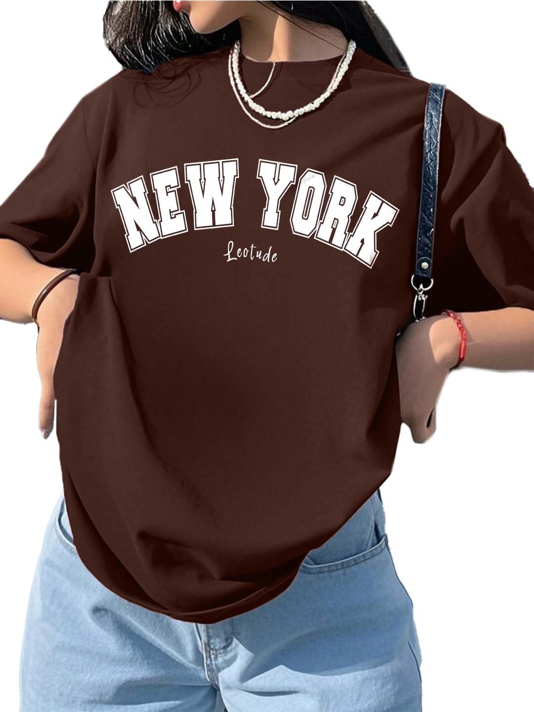 Half Sleeve Cottonblend Oversized Tshirt for Women, Round Neck Longline Printed Drop Shoulder Baggie T-Shirt (Color Brown)