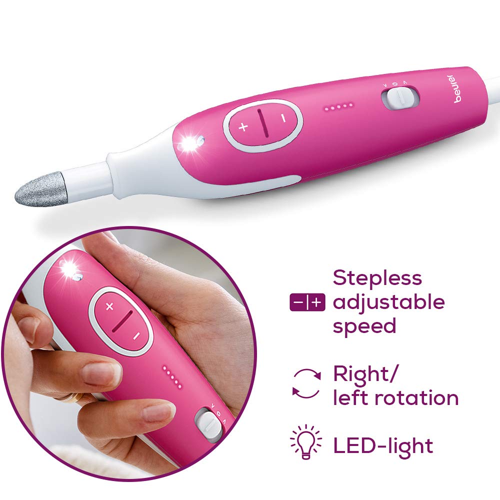 Beurer MP 44 manikür/pedikür seti, 7 başlıklı elektrikli tırnak bakım seti, LED ışık, manuel tırnak seti dahil, saklama çantalı, pembe/pembe