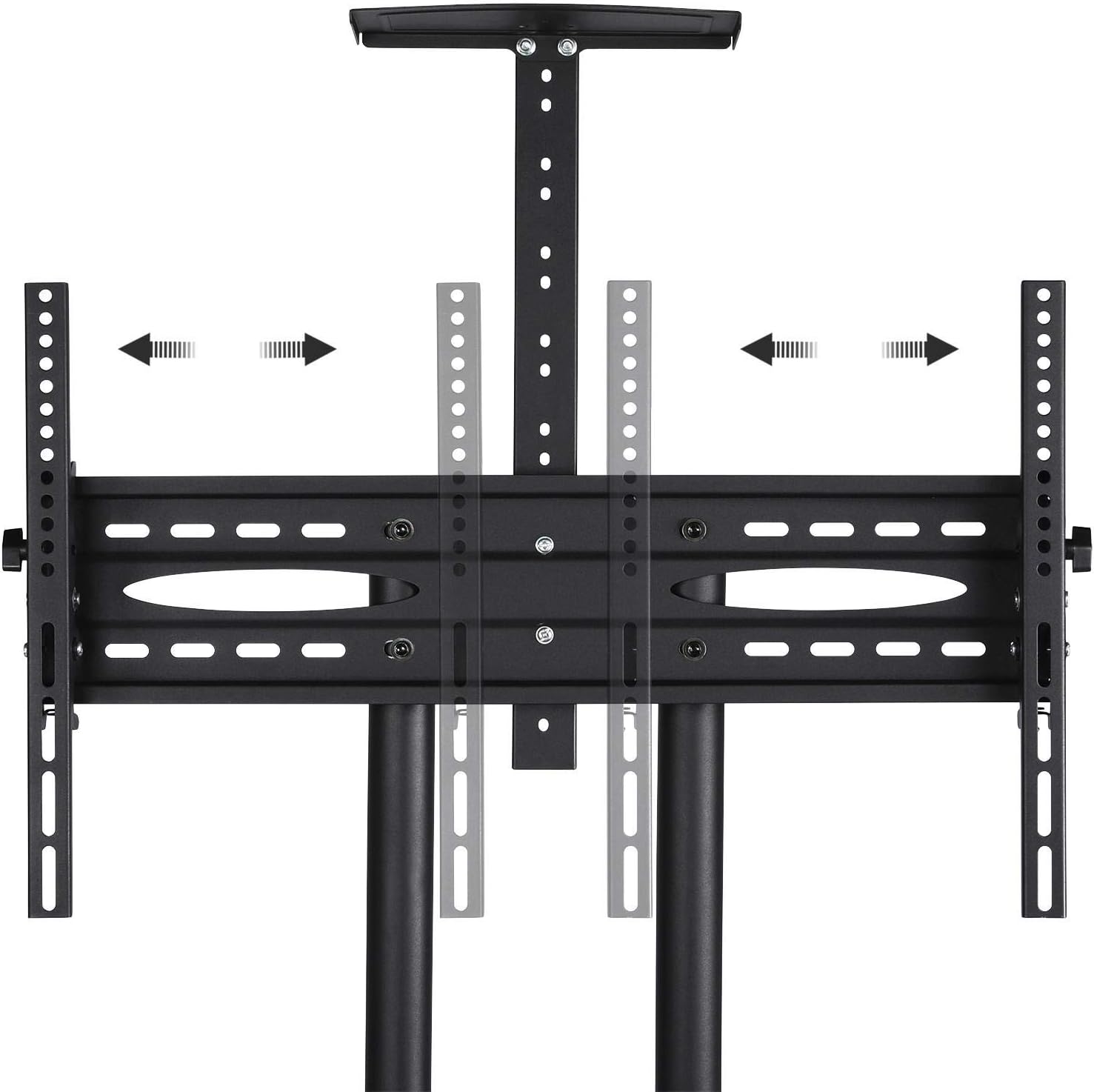 Крупним планом view монтажної пластини телевізора на підставці, на якій показано механізм регулювання висоти з кількома отворами для встановлення телевізора в різних вертикальних положеннях.