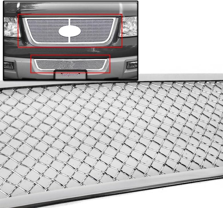 Upper+Bumper Stainless Steel Mesh Grill Insert Combo Emblem Cutout Compatible with 2003-2006 Ford Expedition