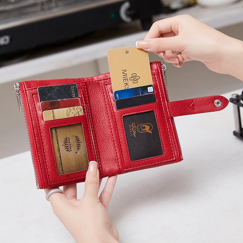 PofeeXIO Womens Wallet Rfid Small Compact Leather Ladies Bifold Wallet Slim Medium Billfolds for Women Thin Female Wallet with Double Zipper Coin Purse (Red)3