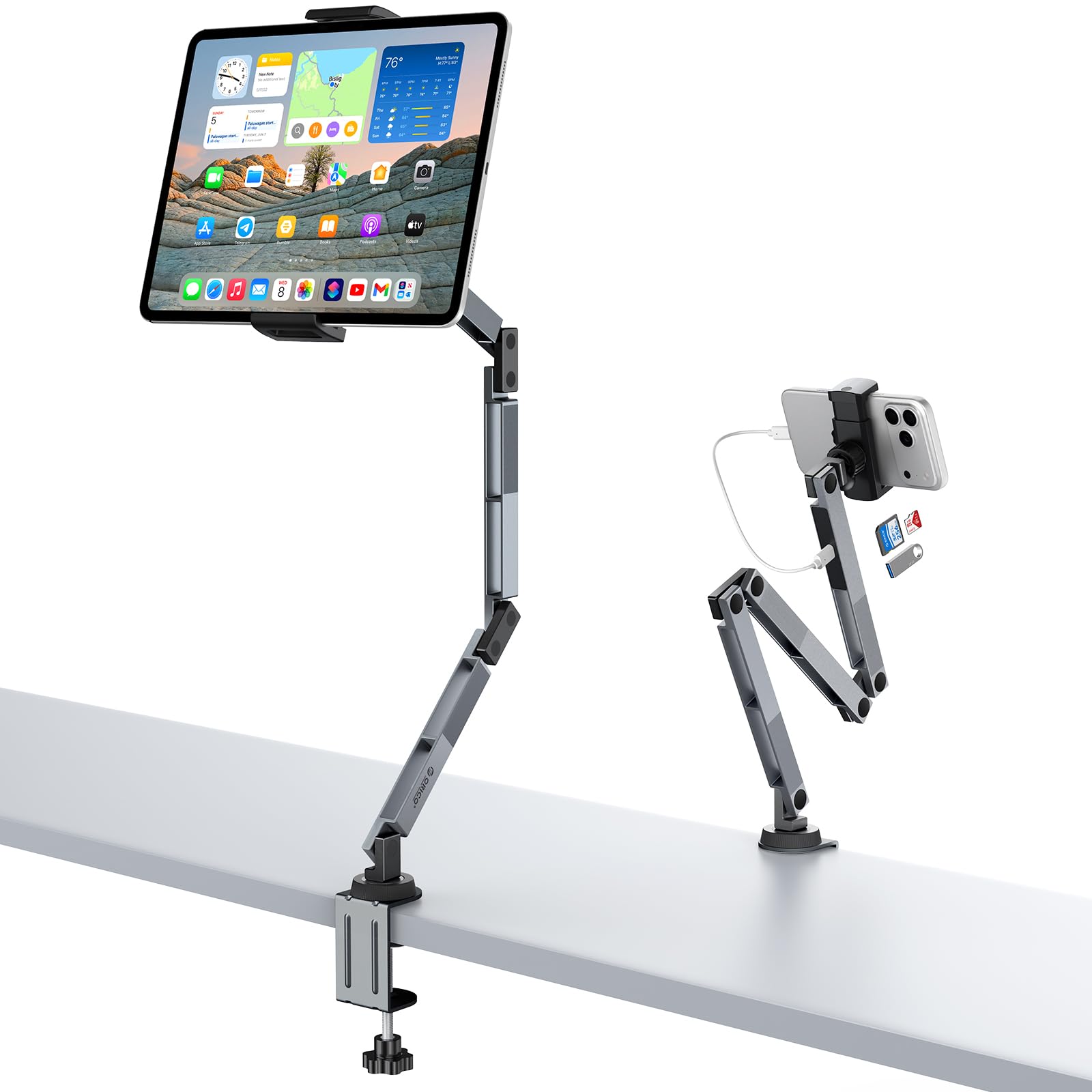 ORICO Aluminum Tablet Stand, Clamp-on Desk & Bedside ipad Holder, RA1-3P
