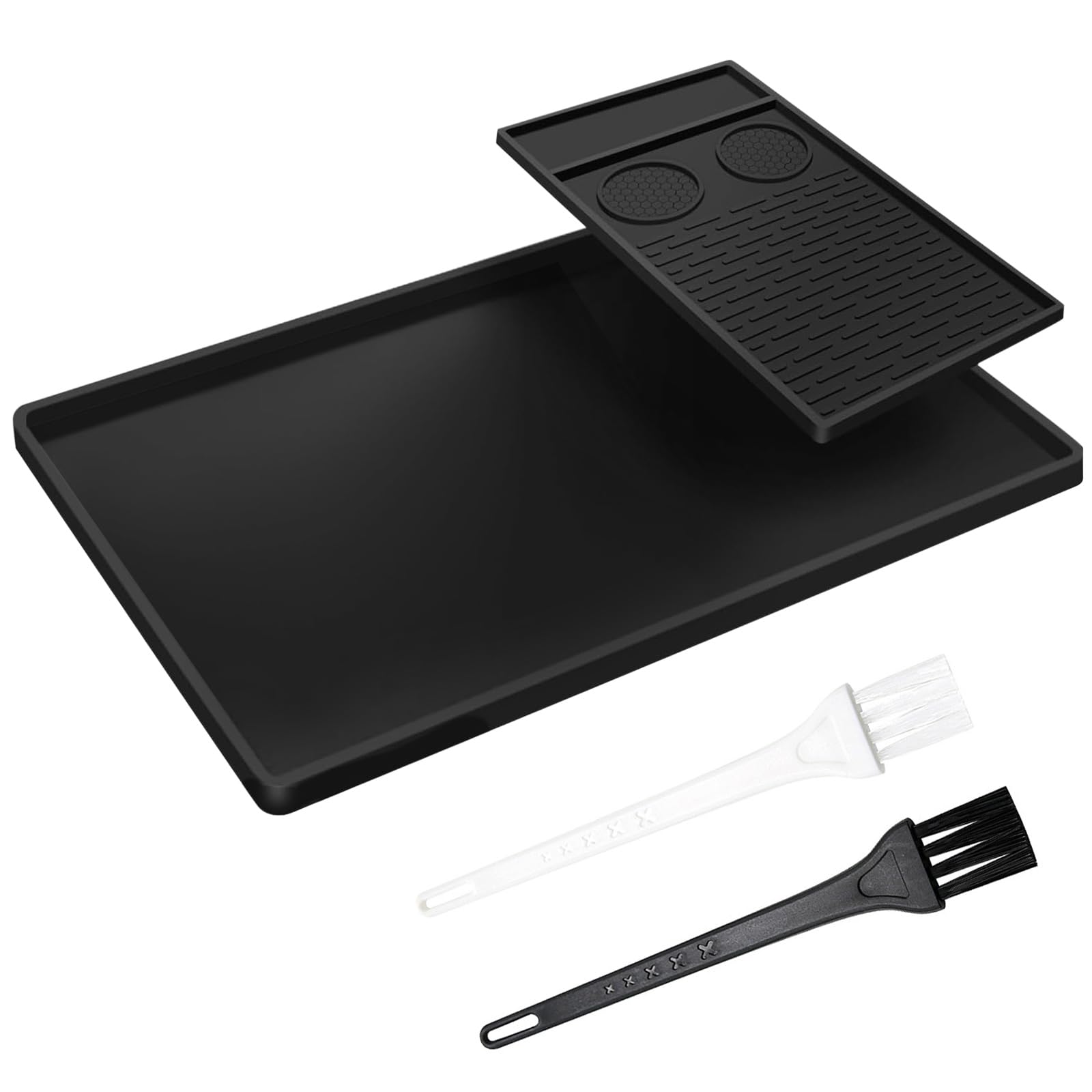 Silicone Coffee Mat 2-in-1 Raised Edges Anti Spill Draining Mat, Non Stick Heat Resistant Coffee Bar Mat for Kitchen Worktop, Black Dish Drying Mat for Coffee Machine - 51 x 40.5 x 1.1 cm