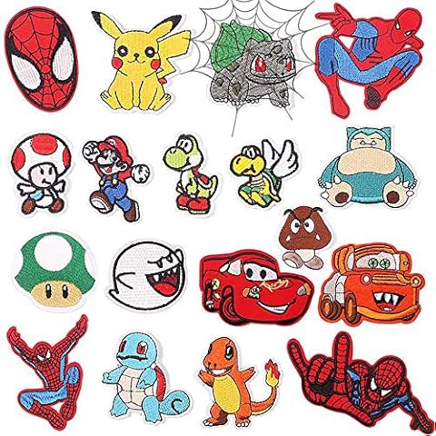 CYWQ 18Pcs Iron on Patches Cartoon Mario Spiderman Patches Embroidered Applique Kit Sew On Patches for Clothing, Jackets, Backpacks Shoes, Caps for Kids Adults Cover