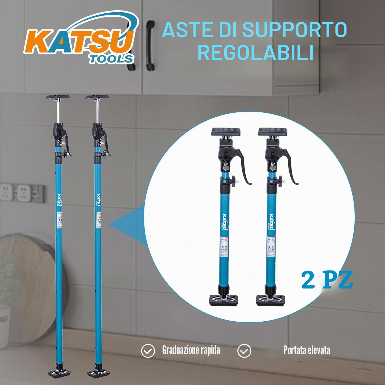 KATSU Tools Supporto telescopico per soffitto, confezione da 2, 125-290 cm, in acciaio, capacità di carico 40 kg, per posizionamento, tenuta e fissaggio di cartongesso