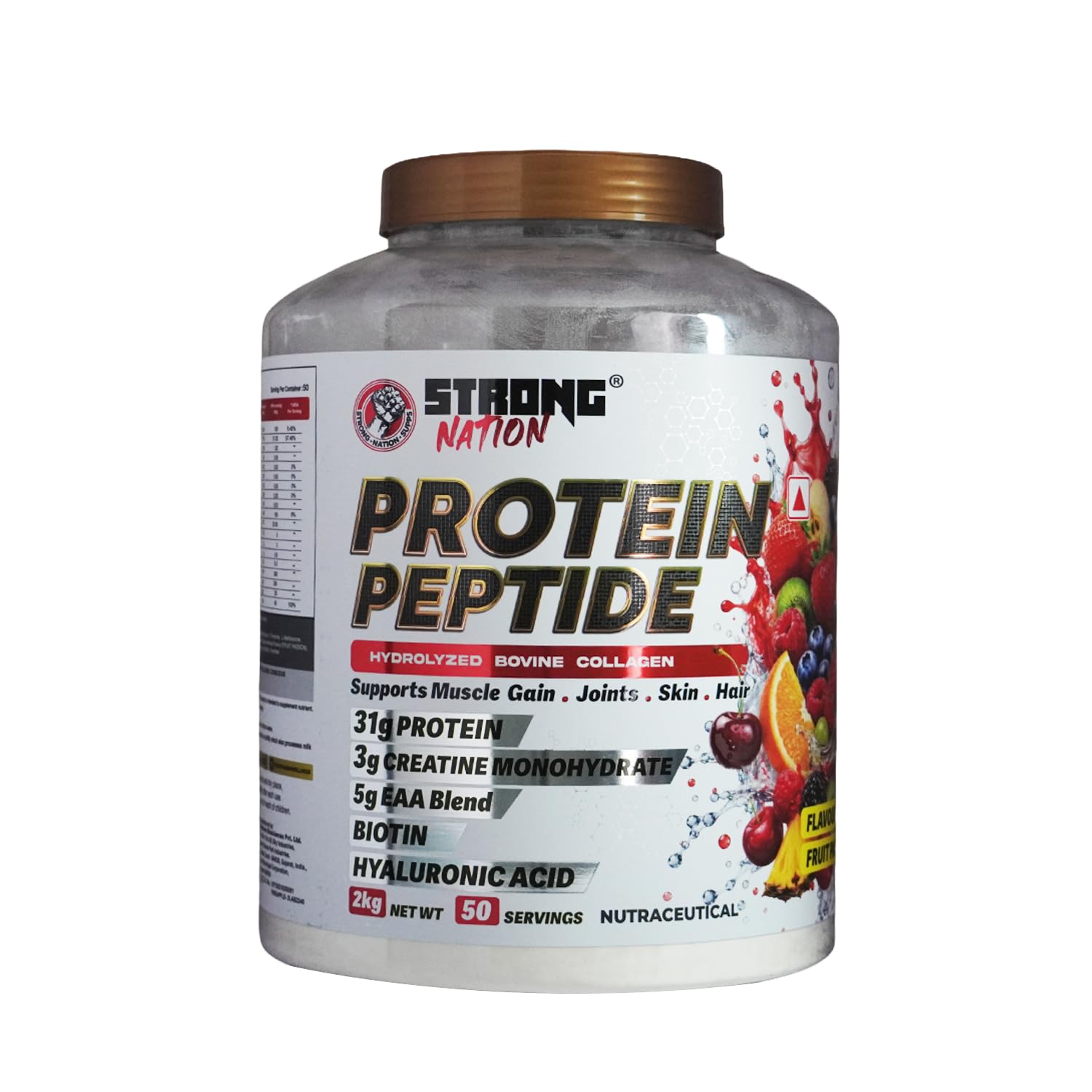Strong Nation Protein Peptide | Hydrolyzed Bovine Collagen Protein Powder with 31g Protein, 3g Creatine Monohydrate, 5g EAA Blend, Biotin & Hyaluronic Acid | Supports Muscle Gain, Joint, Skin & Hair Health | 2kg (50 Servings) (Fruit Punch)-image-18