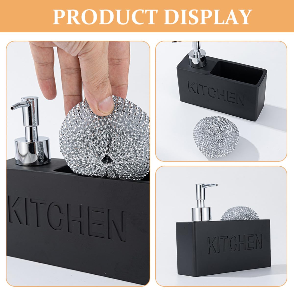 NOLITOY Distributore di Sapone per Bagno 280ml Nero con Spazzola in Acciaio, Design Semplice e Portatile, Set Ricaricabile Adatto per Cucina e Ufficio