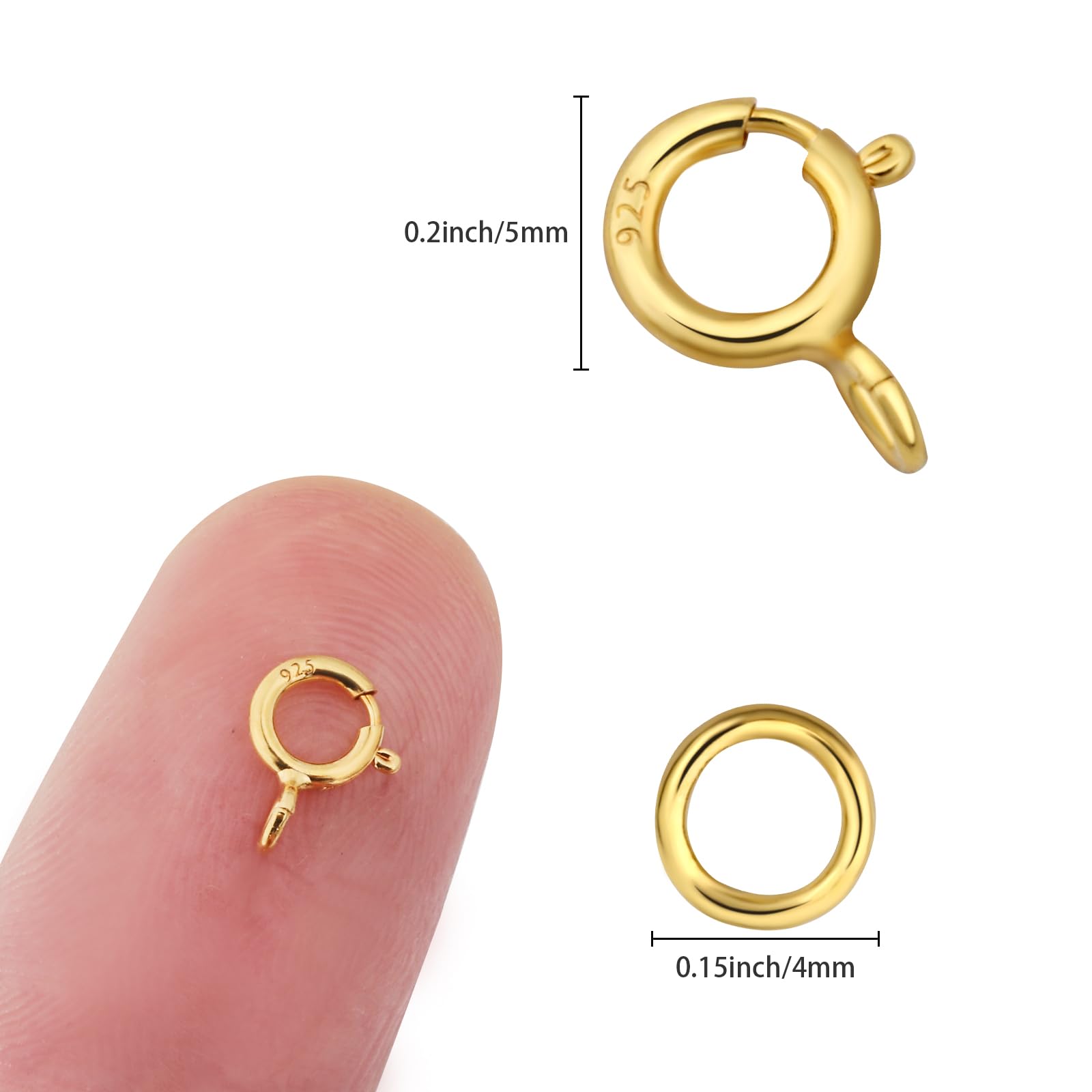 14 Karat vergoldete Halskettenverschlüsse, 5 mm, S925er-Sterlingsilber, Federringverschluss mit 4 mm runden Binderingen, Schmuckverschlüsse, Verbindungsstücke für Halsketten und Armbänder