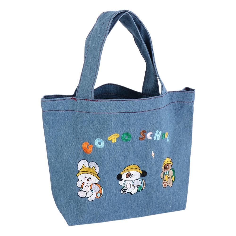MinLia Cartoon Embroidered Denim Cloth Handbag, Large Capacity Lunch Bag Crossbody Bag Storage Bag Shopping Bag