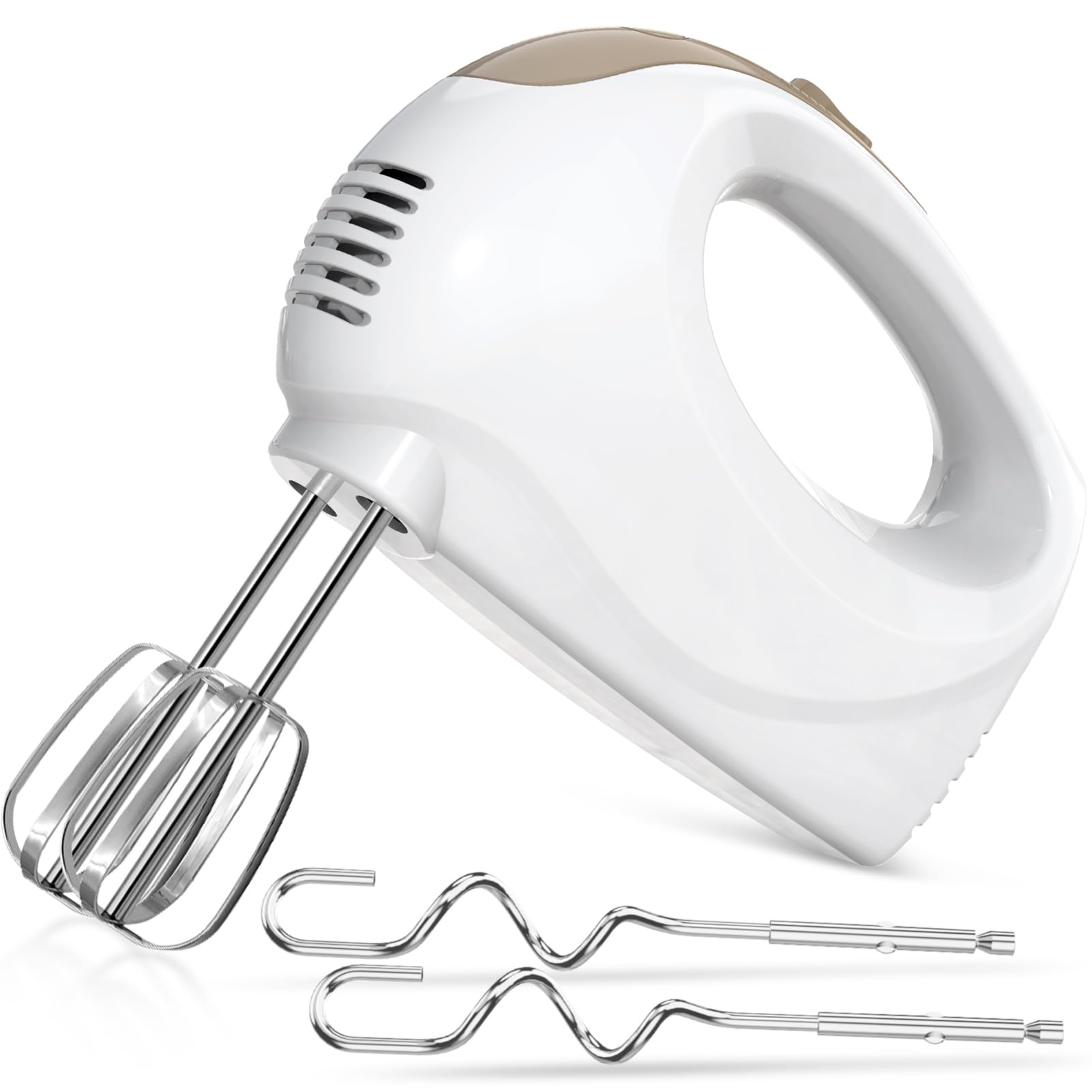 5-Speed Electric Hand Mixer with Whisk Traditional Beaters 120 Watts Portable Lightweight Blending or Cooking White