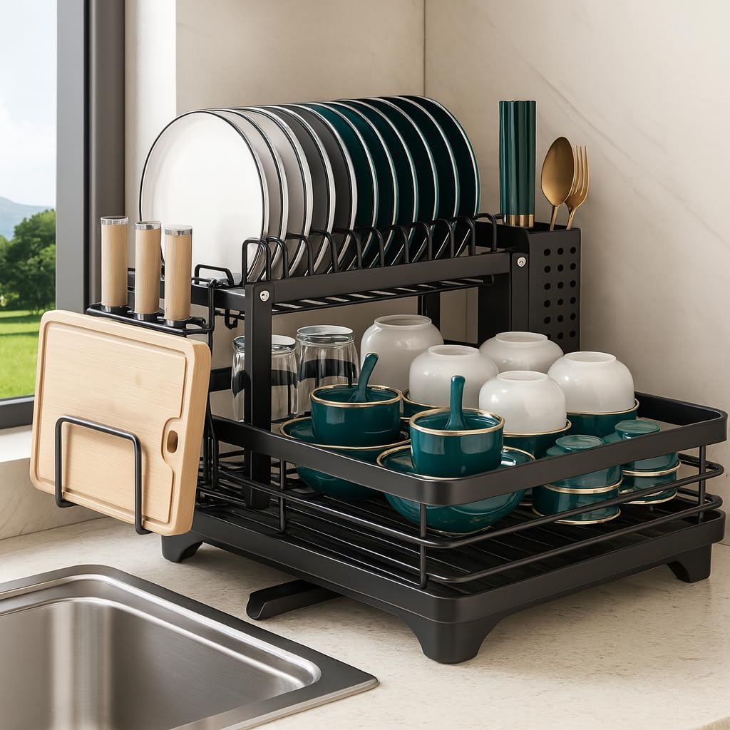 Escorredor de Louça em Aço Carbono Preto com Bandeja de Drenagem, Suporte para Copos, Talheres e Tábuas – Compacto, Resistente, Antiferrugem – Organizador de Pia Cozinha Moderna