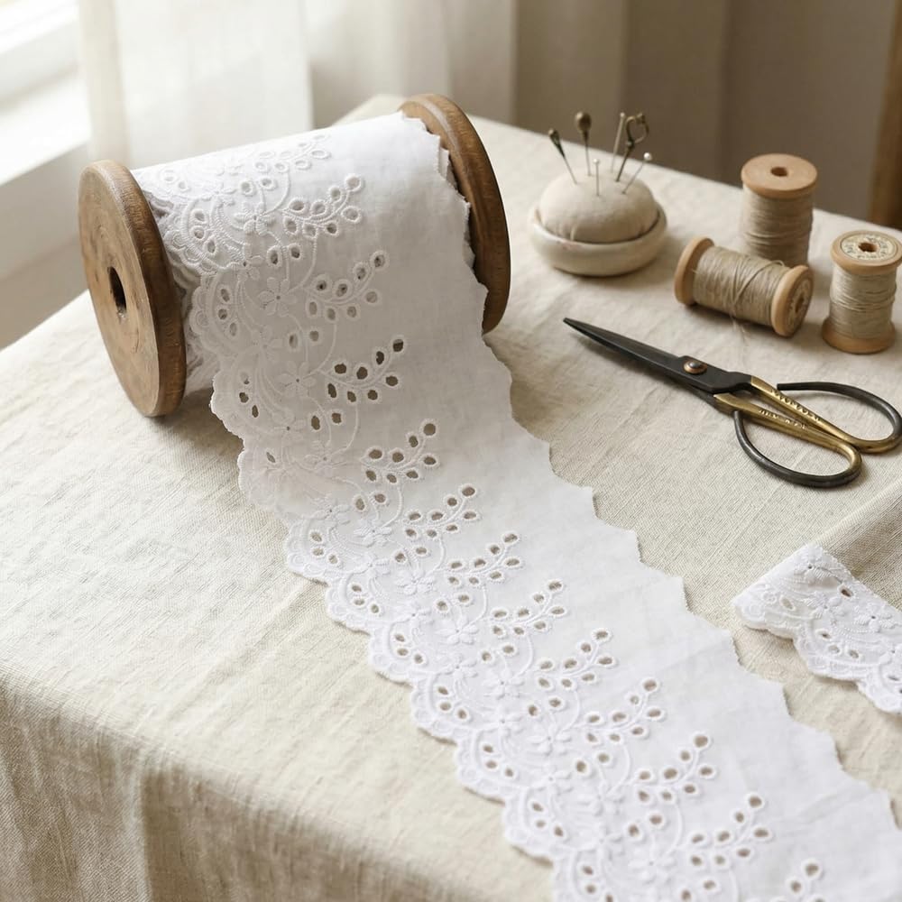 IDONGCAI 5.2" Wide White Cotton Eyelet Lace Trim, 3 Yards Vintage Floral Embroidered Scalloped Border for Dress Extender, Cottagecore Sewing, Wedding Bridal Decor & Farmhouse DIY Crafts