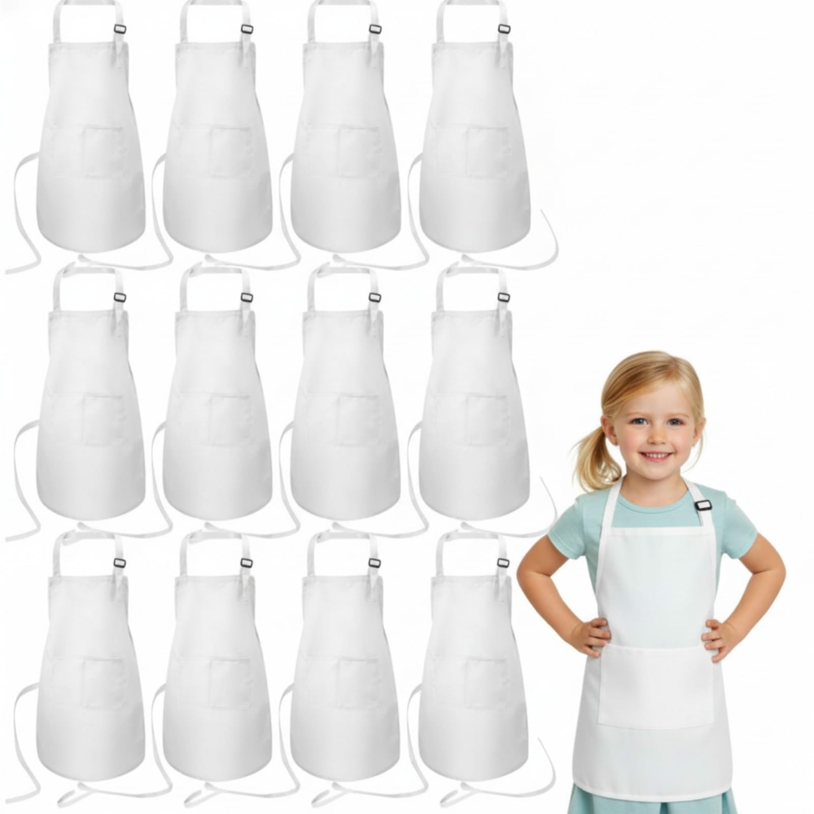 SATINIOR 12 Pcs Kids Apron for 2-13 Age Adjustable Children Chef Art Smock with Pocket for Girl Boy Activity(White,M for 2-6 Age)