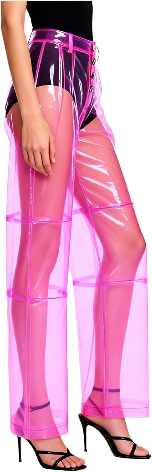 ACSUSS Women Clear PVC Pants Plastic Transparent Button Trousers Cover Up Bottoms Clubwear Sheer Bloomers