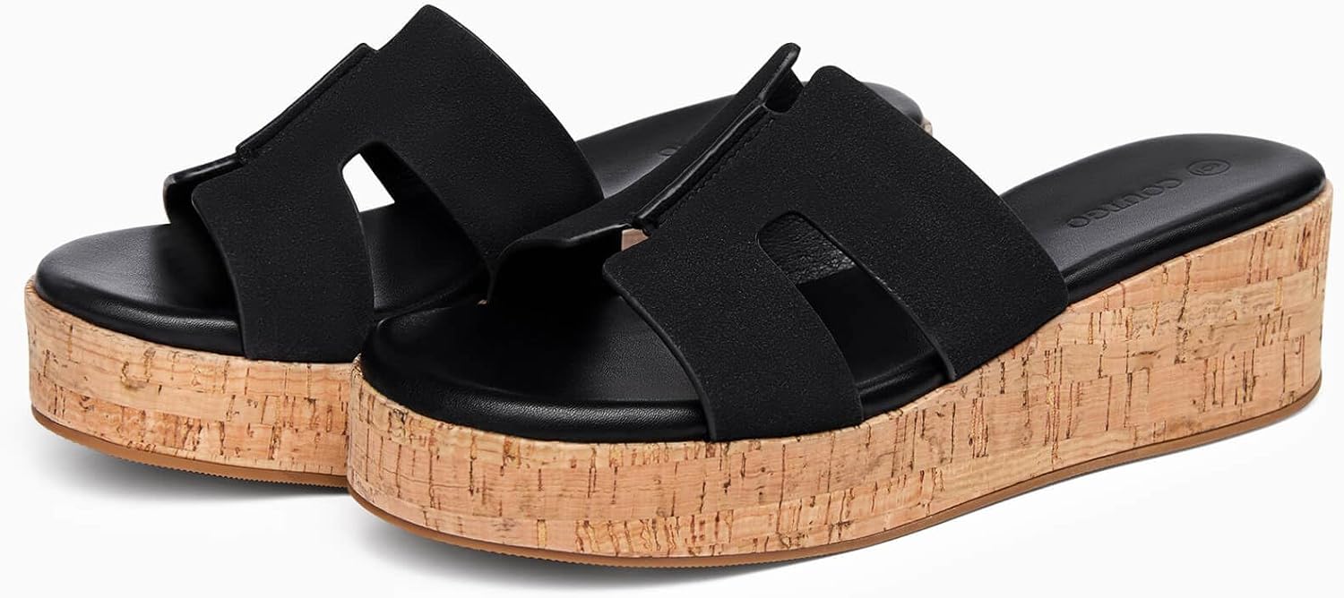 Coutgo Women's Platform Wedge Sandals Open Toe Slip On Slides Cork Heeled Cutout Comfortable Summer Shoes - Image 3