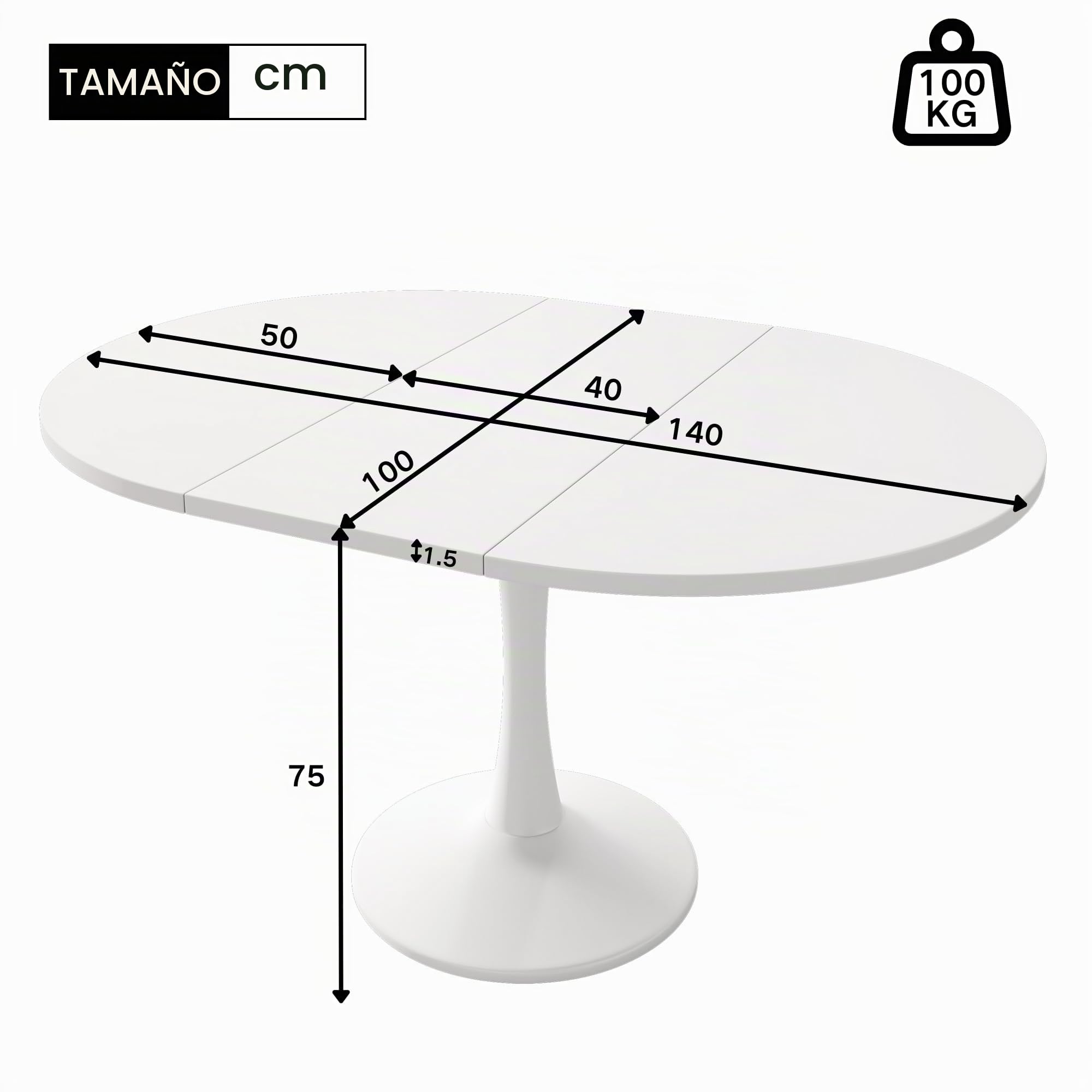 Bladez Mesa de comedor extensible para 6-8 personas, mesa de comedor, ovalada, 140 x 75 cm, moderna y sencilla, color blanco