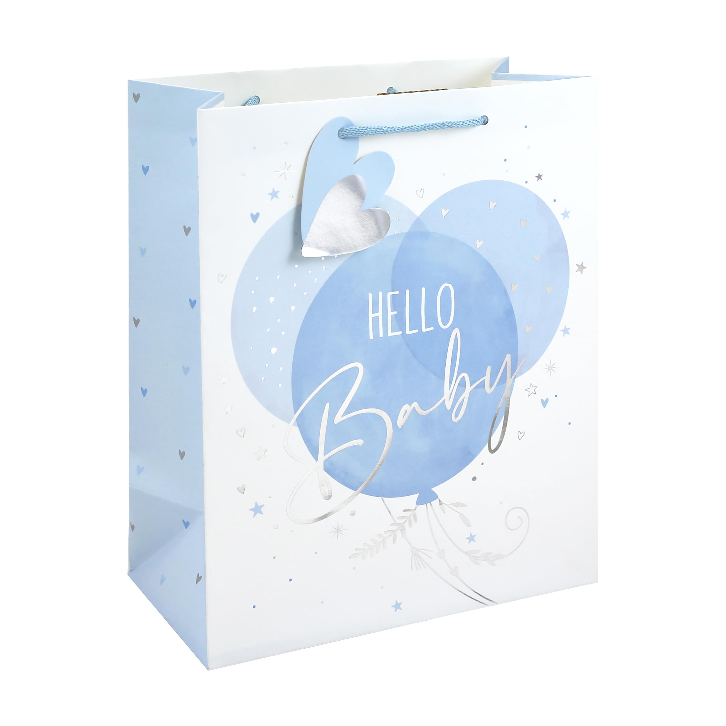 Eurowrap Hello Baby Large Gift Bag – Blue Balloon Baby Boy Present Bag with Foil Finish, White Kraft Paper & Paper Woven Handles – New Baby Shower & Christening Gift Packaging