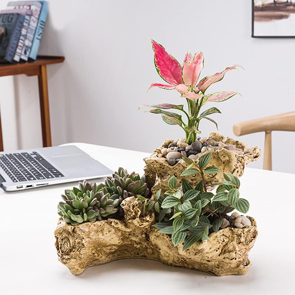BKEKM Resin Plant Pot Resin Faux Rock Flower Pot 28x16x18cm Planter with Succulents,Cactus for Indoor Breathable Planter