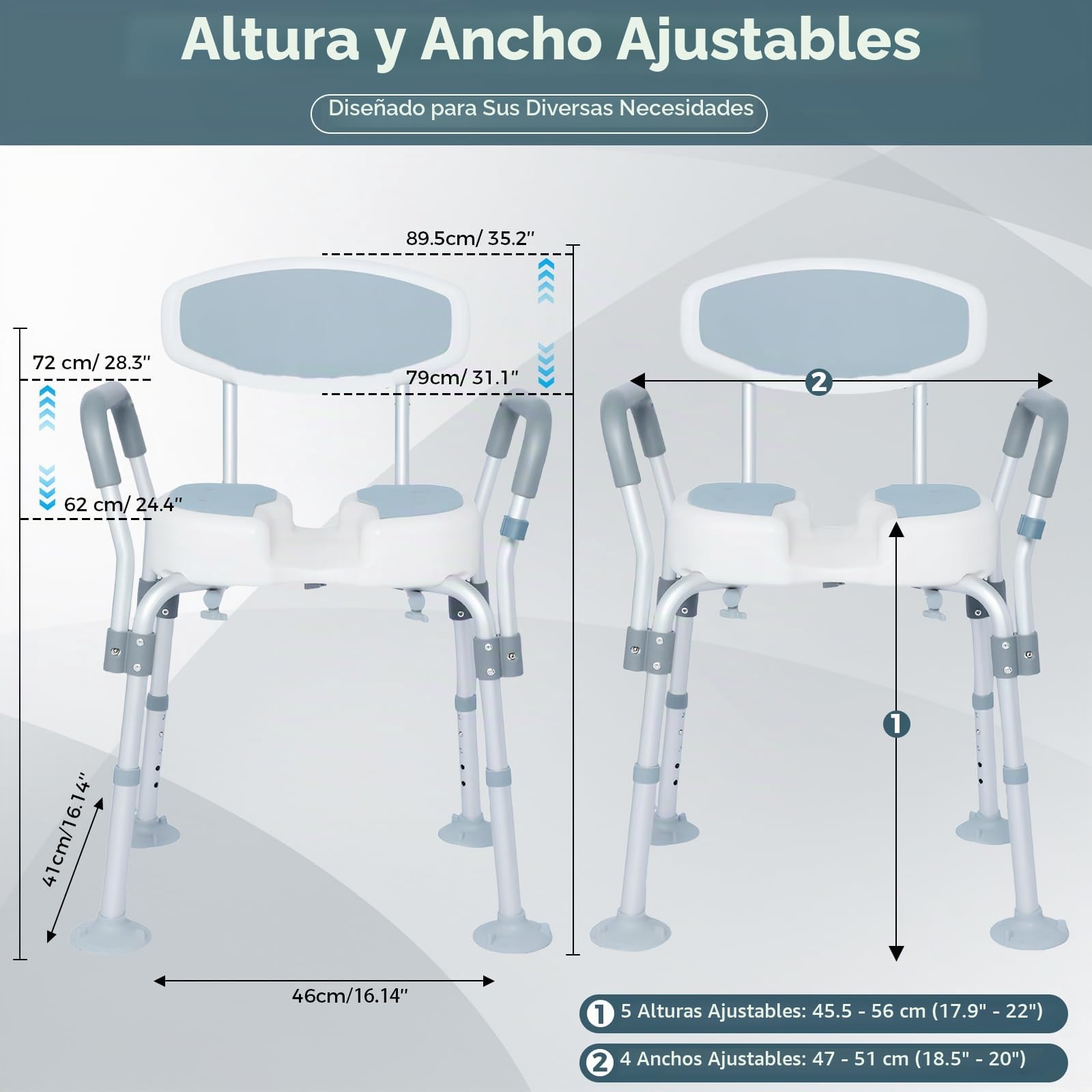Silla de Ducha Giratoria 360°, Taburete de Ducha para Personas Mayores Altura Ajustable Asiento Ducha con Respaldo y Apoyabrazos Máx. 136kg