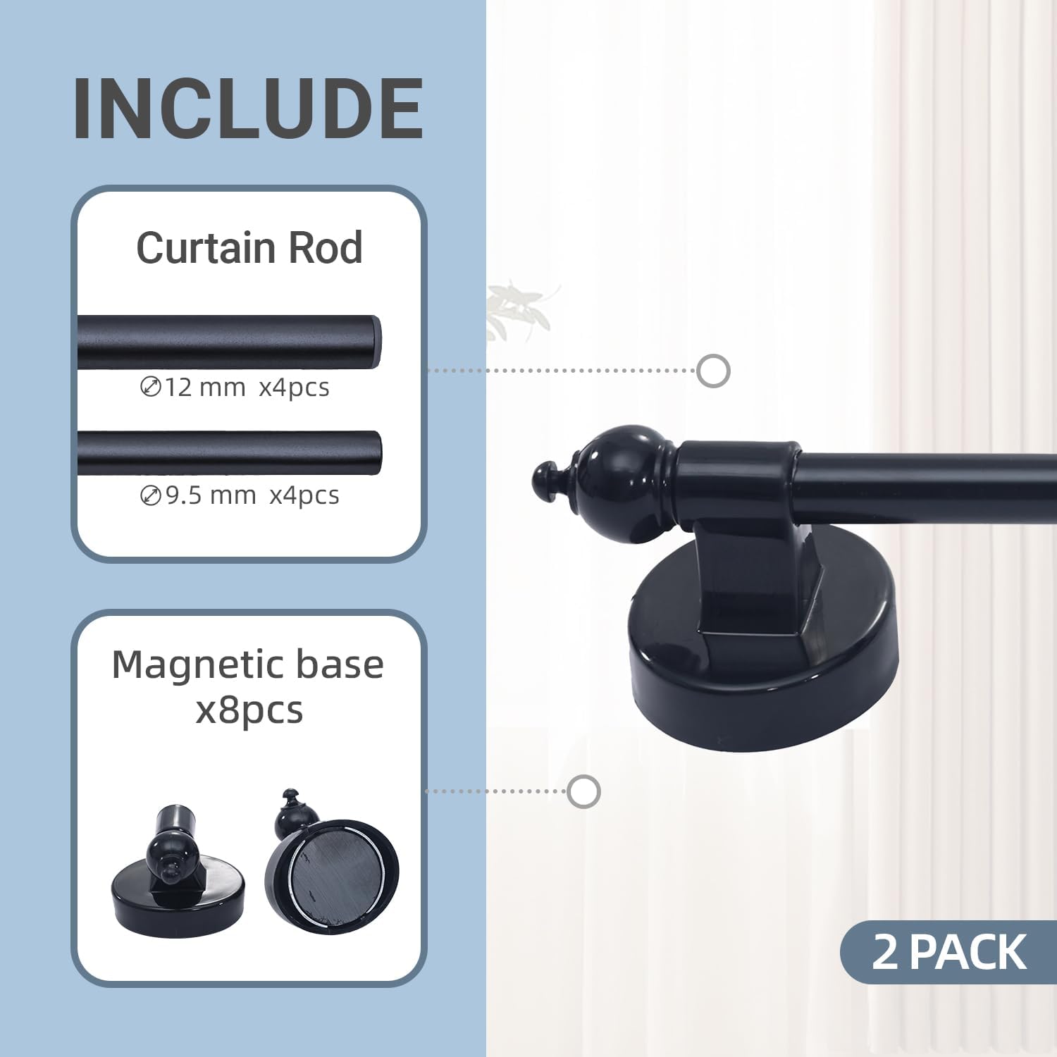 Magnetic Curtain Rods,Multi-Use Adjustable Appliance for Metal Doors,Windows,No Tools Needed，16-28 Inch，Black，2 Pack