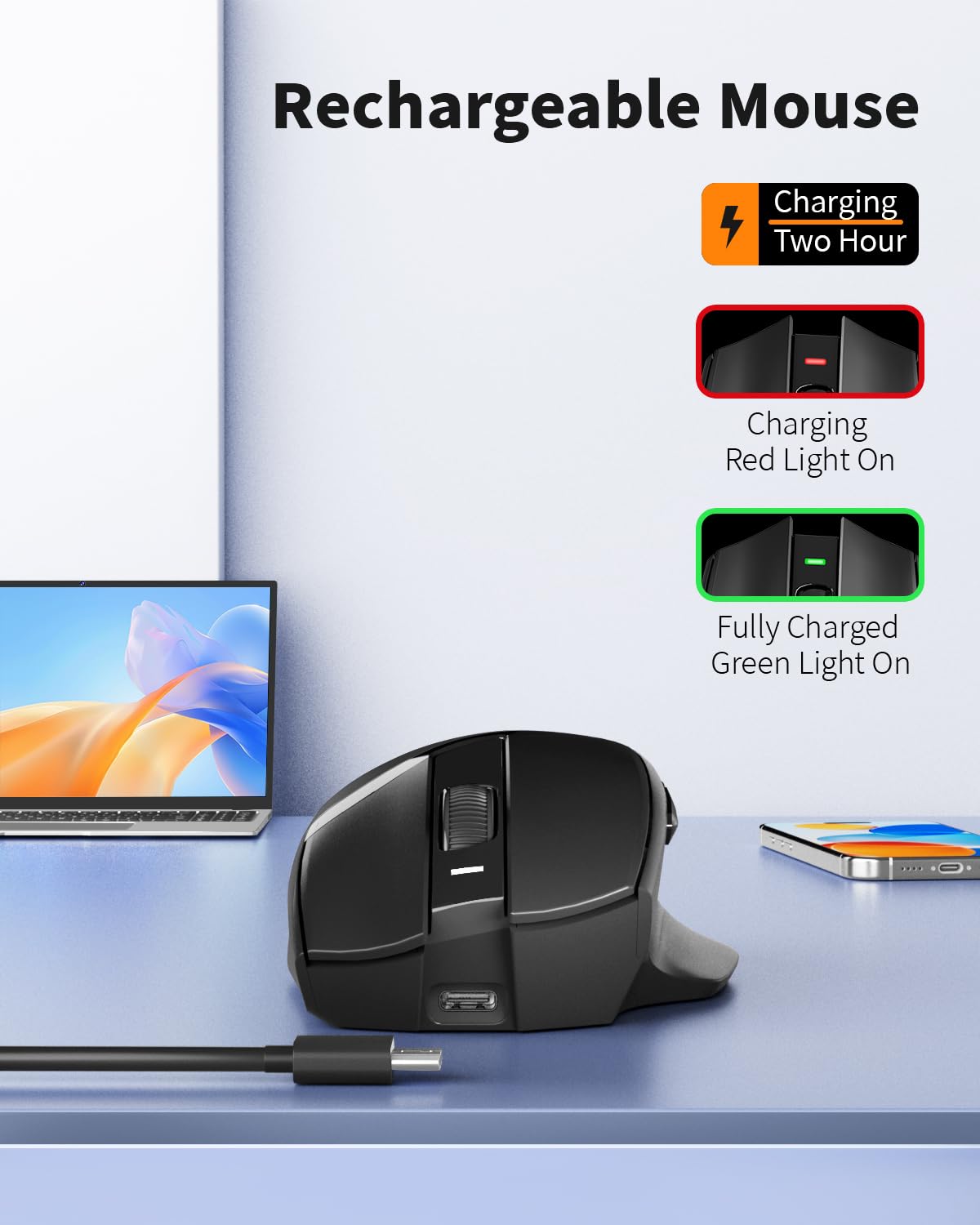 Uciefy Z07 - Ratón inalámbrico Bluetooth, modo dual (2.4G + BT5.1), mouse Bluetooth, mouse recargable USB C con indicador de carga, mouse ergonómico para computadora portátil/PC/Mac/iPad-negro