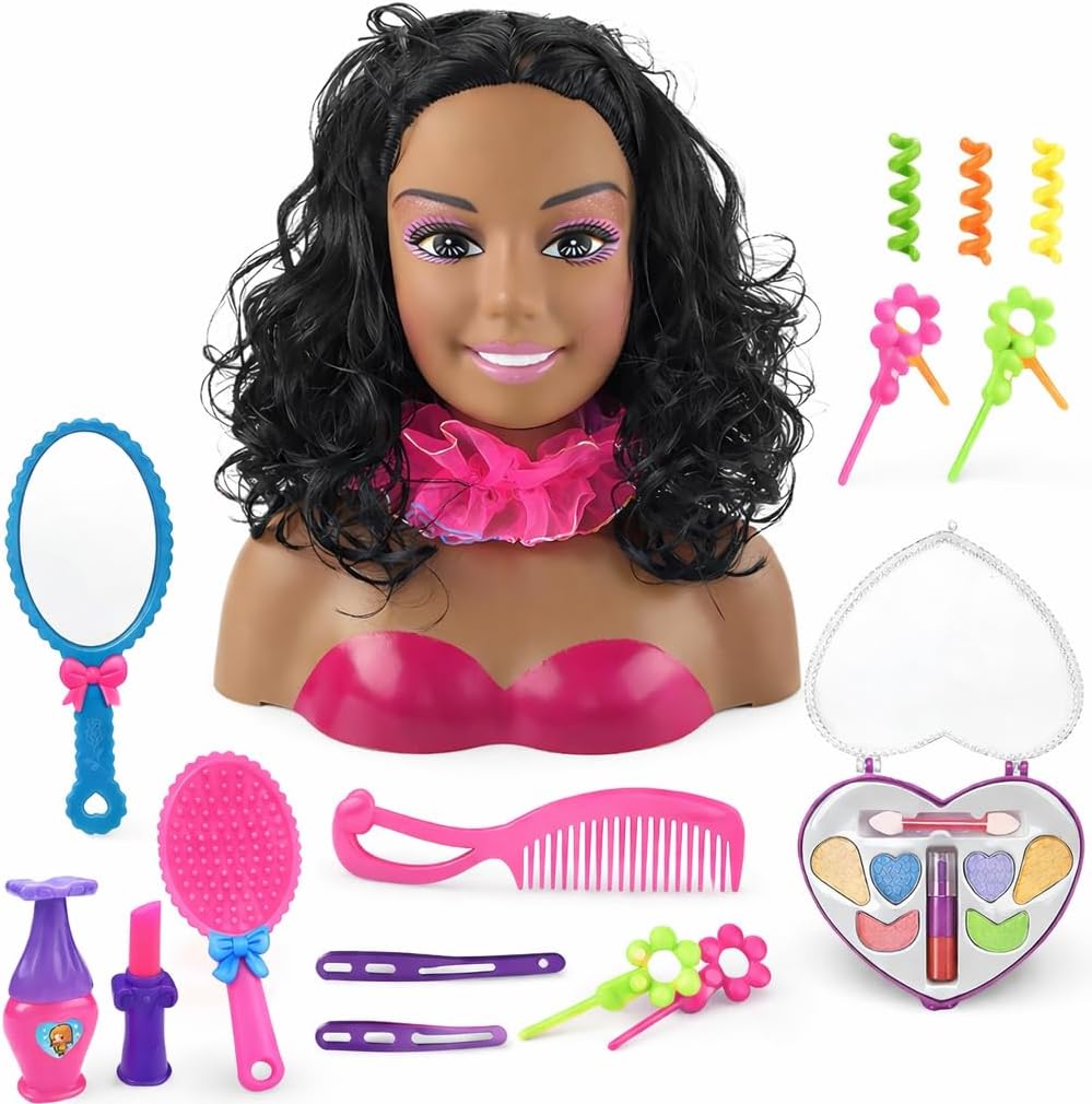 Liberty Imports African American Black Makeup and Hair Styling Doll Head Toy Playset with Real Washable Cosmetic and Fashion Dress Up Accessories for Girls Pretend Play