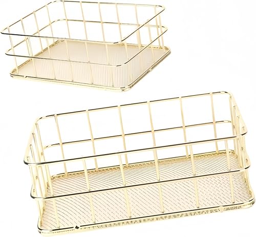 Dos canastas pequeñas de alambre dorado de 9.6 x 6.7 x 2.8 pulgadas, 6.8 x 4.8 x 2.3 pulgadas, cesta de almacenamiento de malla de alambre de metal