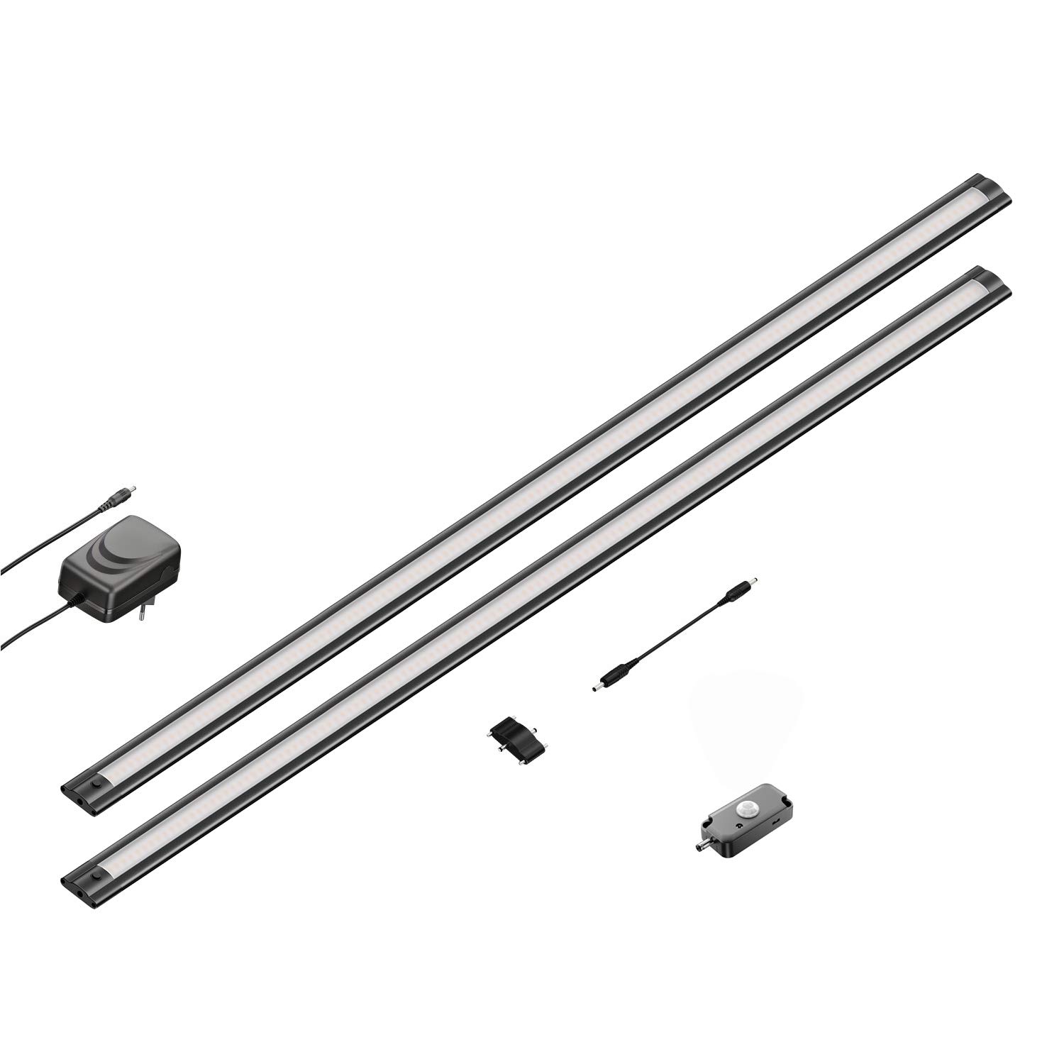 ledscom.de 2er Set LED Unterbau-Leuchte SIRIS schwarz matt, mit Bewegungsmelder, flach, je 90cm, je 963lm, warmweiß