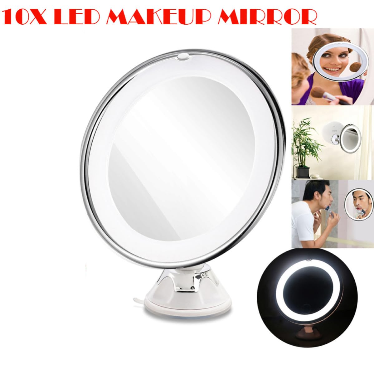 ibasenice Espejo de Maquillaje LED con Aumento 10x y Ventosa, Espejo Redondo de Vidrio Blanco para Baño y Tocador, Portátil y Práctico para Maquillaje Diario