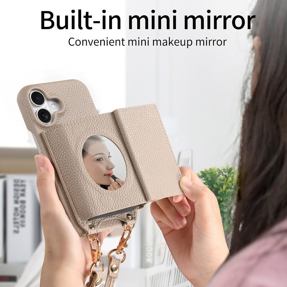 Crossbody Case for iPhone 17/17 Air/17 Pro/17 Pro Max, Stylish Wallet Leather Cover with Card Holder and Makeup Mirror Phone Case Beige