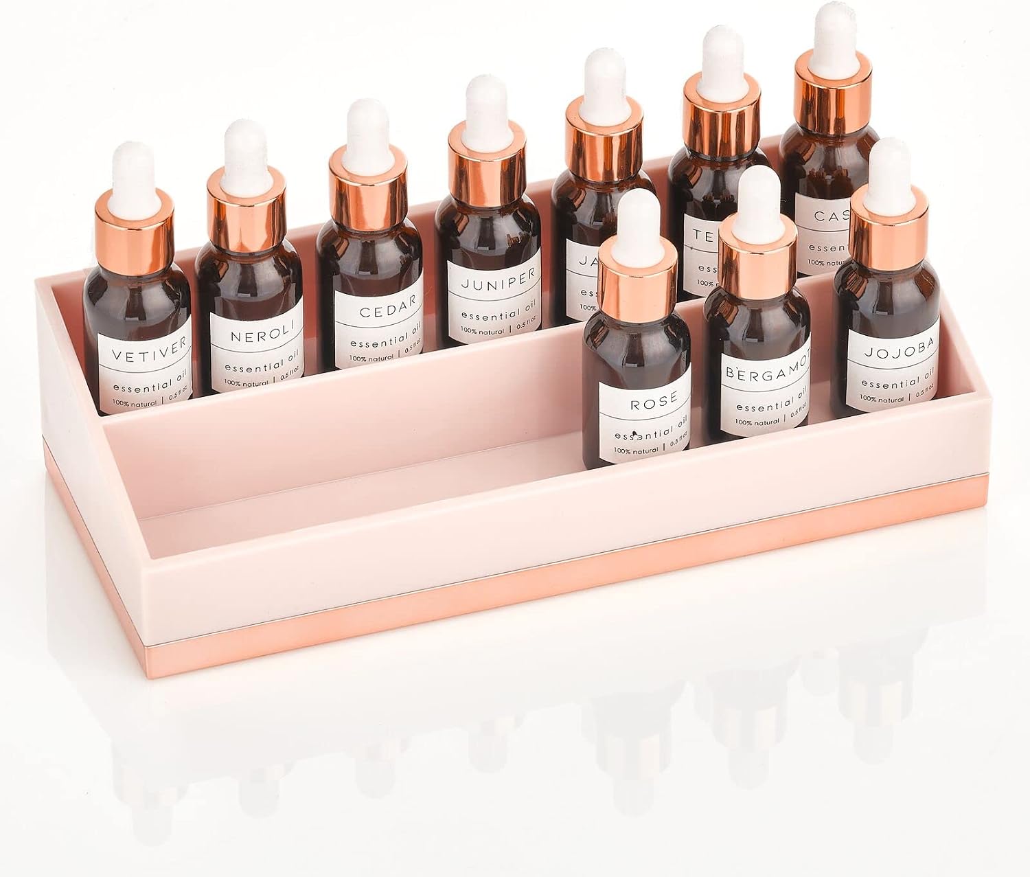 mDesign Plastic 2-Tier Cosmetic Organizer with Compartments for Bathroom Vanity, Countertop or Cabinet to Hold Nail Polish, Makeup, Moisturizer, Lipstick, Beauty Accessories - Pink/Rose Gold