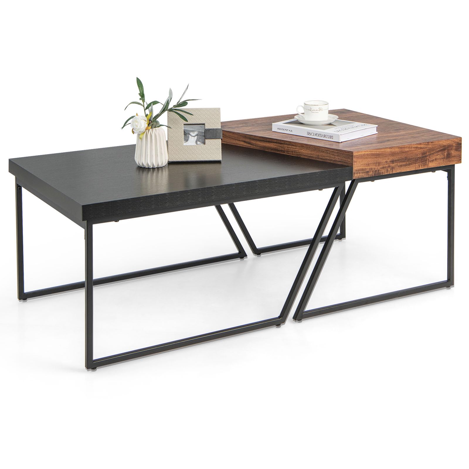 LIFEZEAL Juego de 2 Mesas de Centro Nido Rectangulares | Estilo Industrial de Madera y Metal, 120 x 60 x 46cm, para Sala de Estar, Marrón y Negro
