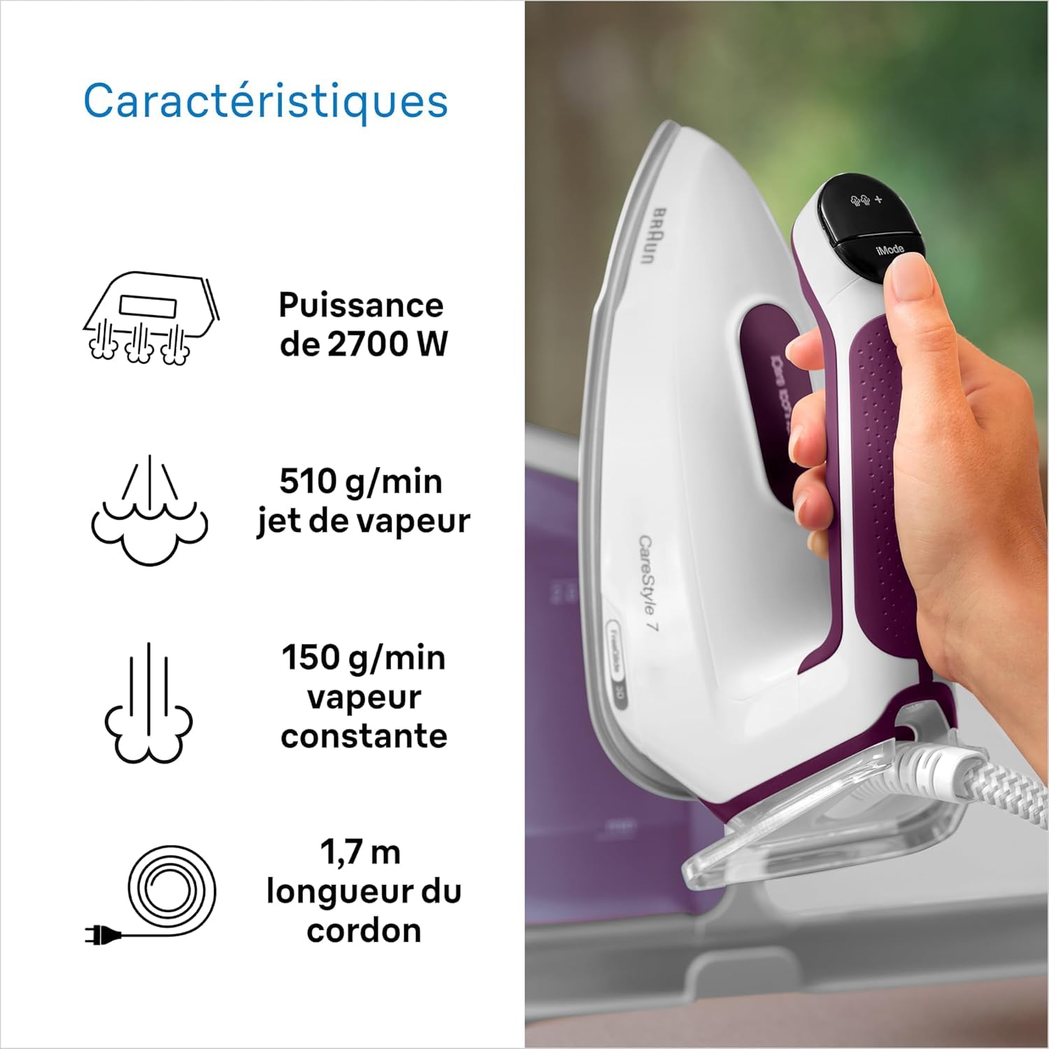 Braun Centrale Vapeur CareStyle 7 Pro IS7266GY, Semelle avec revetement FreeGlide 3D, iCare, iMode, Repassage Vertical, Vapeur 510 g/min, Réservoir Amovible 2L, 2700W, Gris