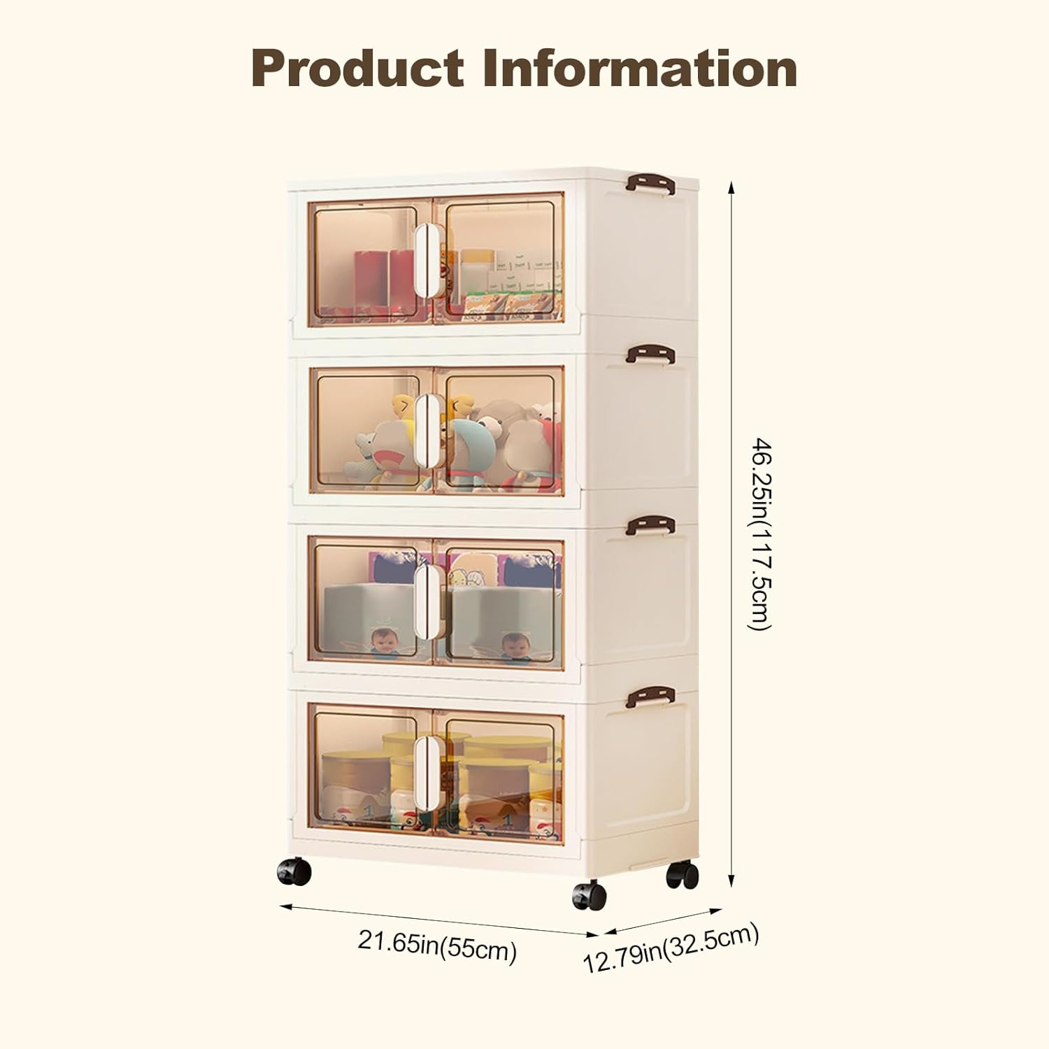 Ergocar Storage Box, Magnetic double opening door large -capacity locker，Transparent Stacking Plastic Storage Boxes with Pulley, for Bedroom, Living Room, Office and Kitchen