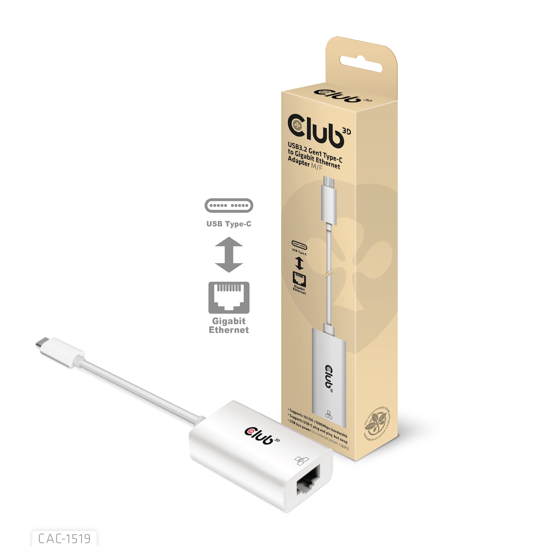 ADAPTADOR CLUB 3D USB-C/M A RJ45 GIGABIT ETHERNET H BLANCO