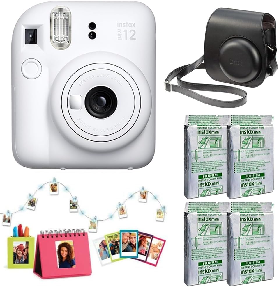 Fujifilm Instax Mini 12 Instant Camera Accessory Kit (Clay White) with Instax Mini Film - Foil Pack (4 Pack), Instax Mini Accessory Kit & Case