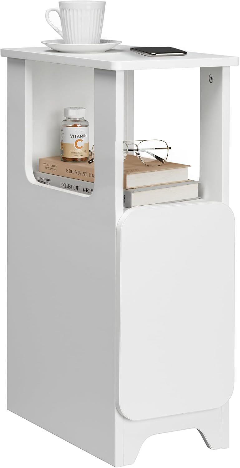 Afuly Narrow Side Table Small End Tables Living Room, Skinny Slim White Modern Table for Couch Sofa Organiser Storage with Drawers, Thin Nightstand Cute Simple Aesthetic Bedside Table for Bedroom