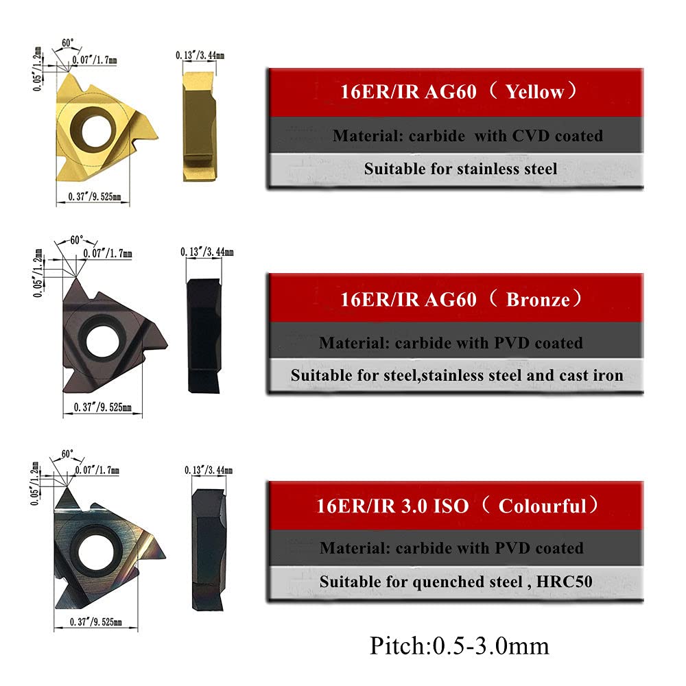 External/Internal Threading Insert Tool Holder SNR0013M16 + SER1616H16 with 3 Kinds of 16ER/IR Carbide Threading Insert for Stainless Steel, Steel,Iron,quenched Steel,HRC50,Pitch :0.5-3mm