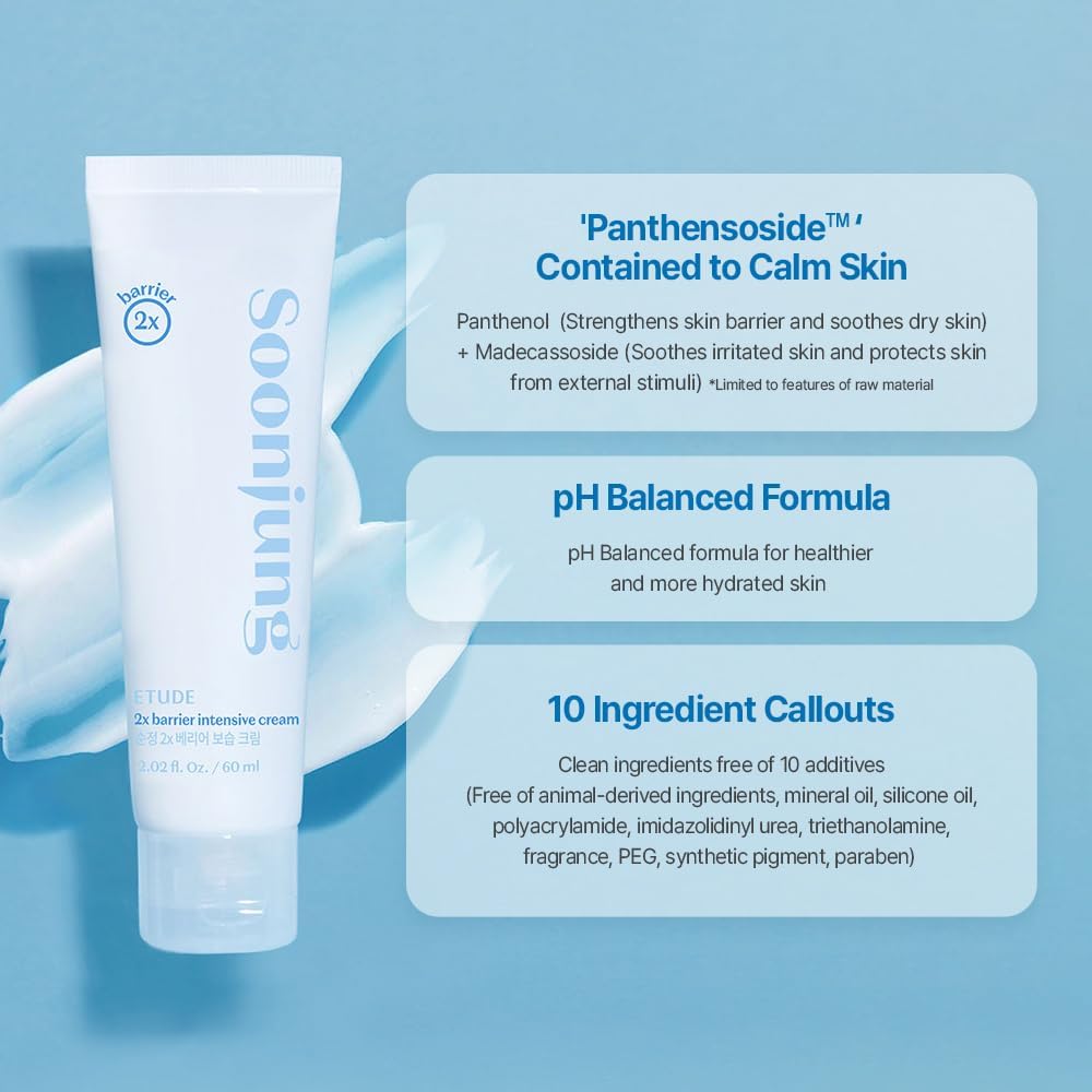ETUDE SoonJung 2x Barrier Intensive Cream Light Texture | Vegan Korean Face Moisturizer for Sensitive Skin, Day & Night Cream, Barrier Cream with Panthenol (2.02 fl oz)