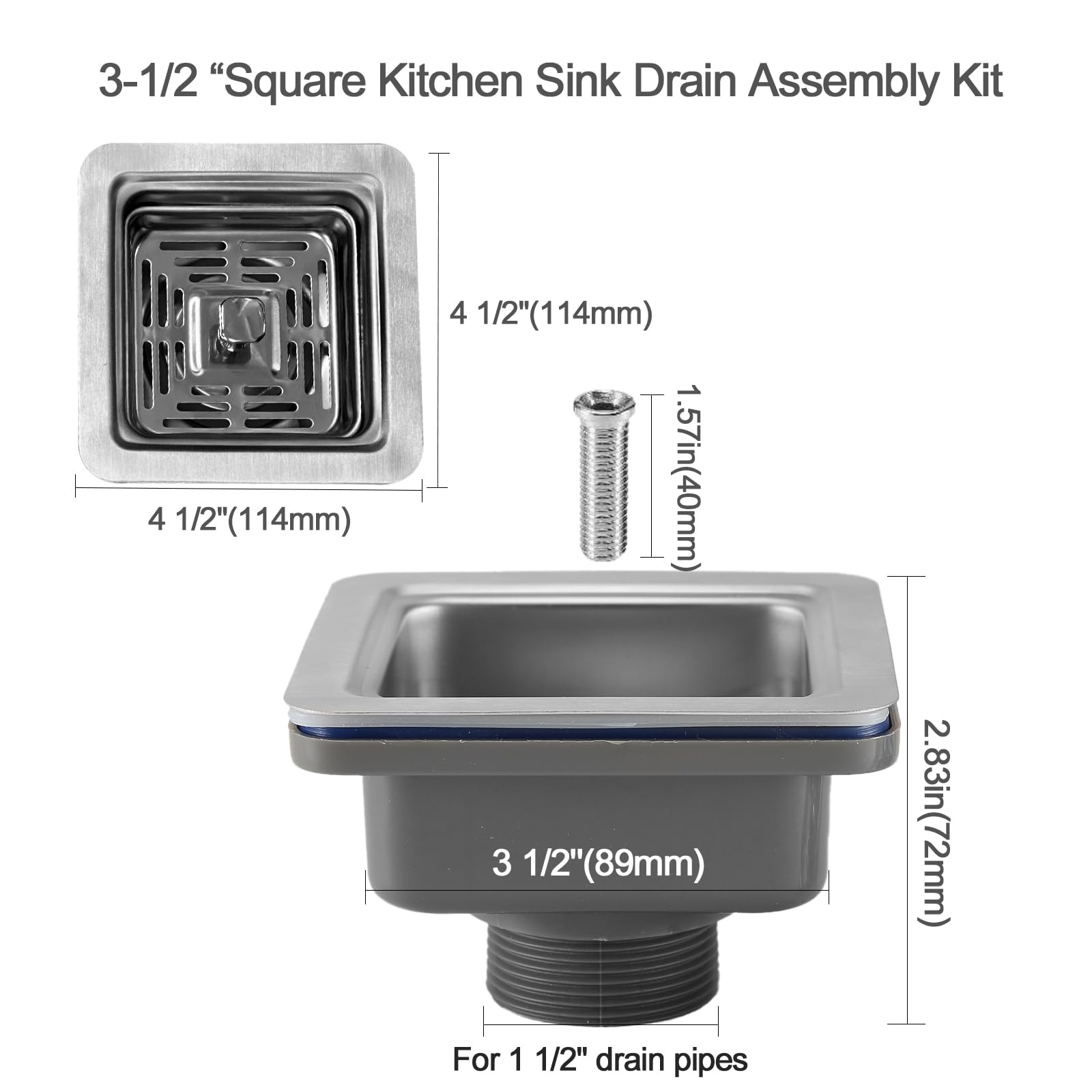 Kit de montaje de drenaje cuadrado de fregadero de cocina de 3-1/2 pulgadas, acero inoxidable 304, cesta de drenaje de repuesto con tapón de fregadero tapa de sellado para kit de drenaje de