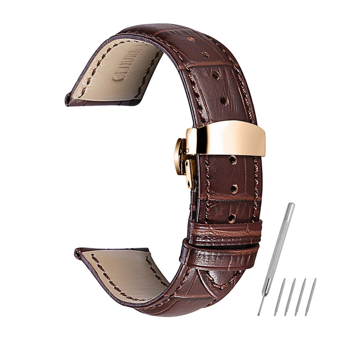 Bracelet montre cuir de veau marron 22mm avec boucle déployante or rose