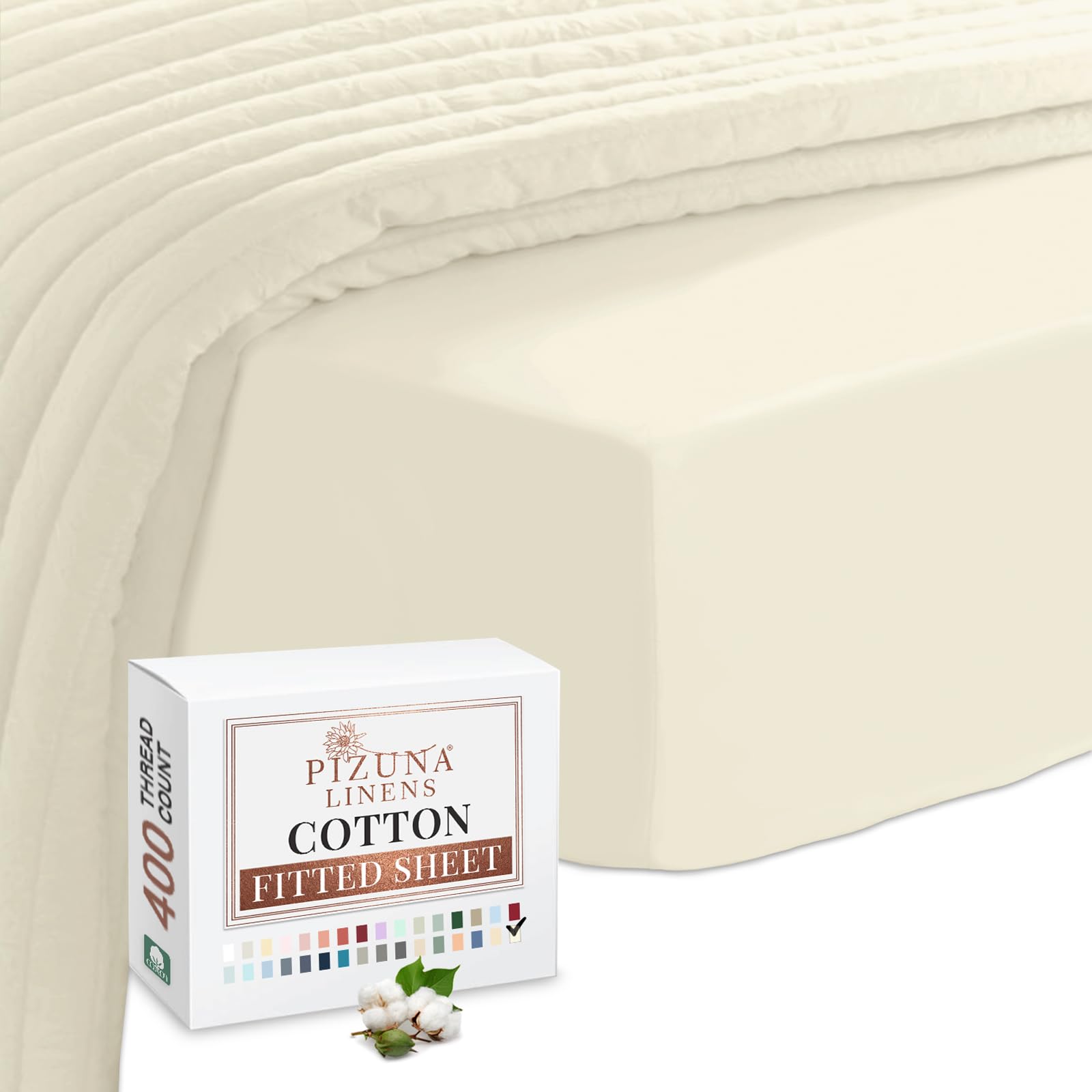Pizuna100% Cotton Fitted Sheets King Size Ivory, 400 Thread Count Long Staple Cotton King Size Fitted Sheet 160x200 cm, Sateen Weave 40 cm Deep Fitted King Size Sheet 1 PCOEKO-TEX STANDARD 100