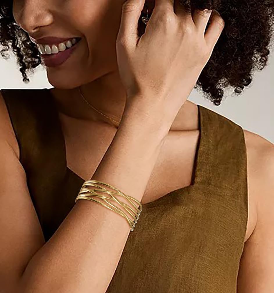 Multi-layer Cuff Bracelet for Women Cross Wire Bracelets Open Wide Cuff Gold Bangle Bracelet - Image 3