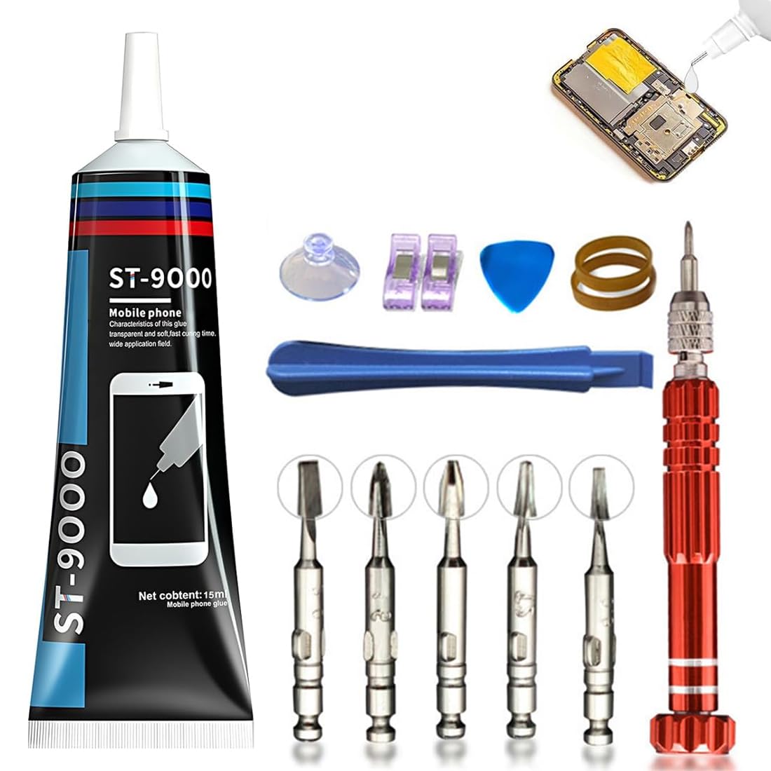 Colla per Cellulari Kit di Riparazione Schermo, Adesivo Trasparente per Display Smartphone con Attrezzi, Impermeabile e Antipolvere, per Telefono, Tablet, Fotocamera