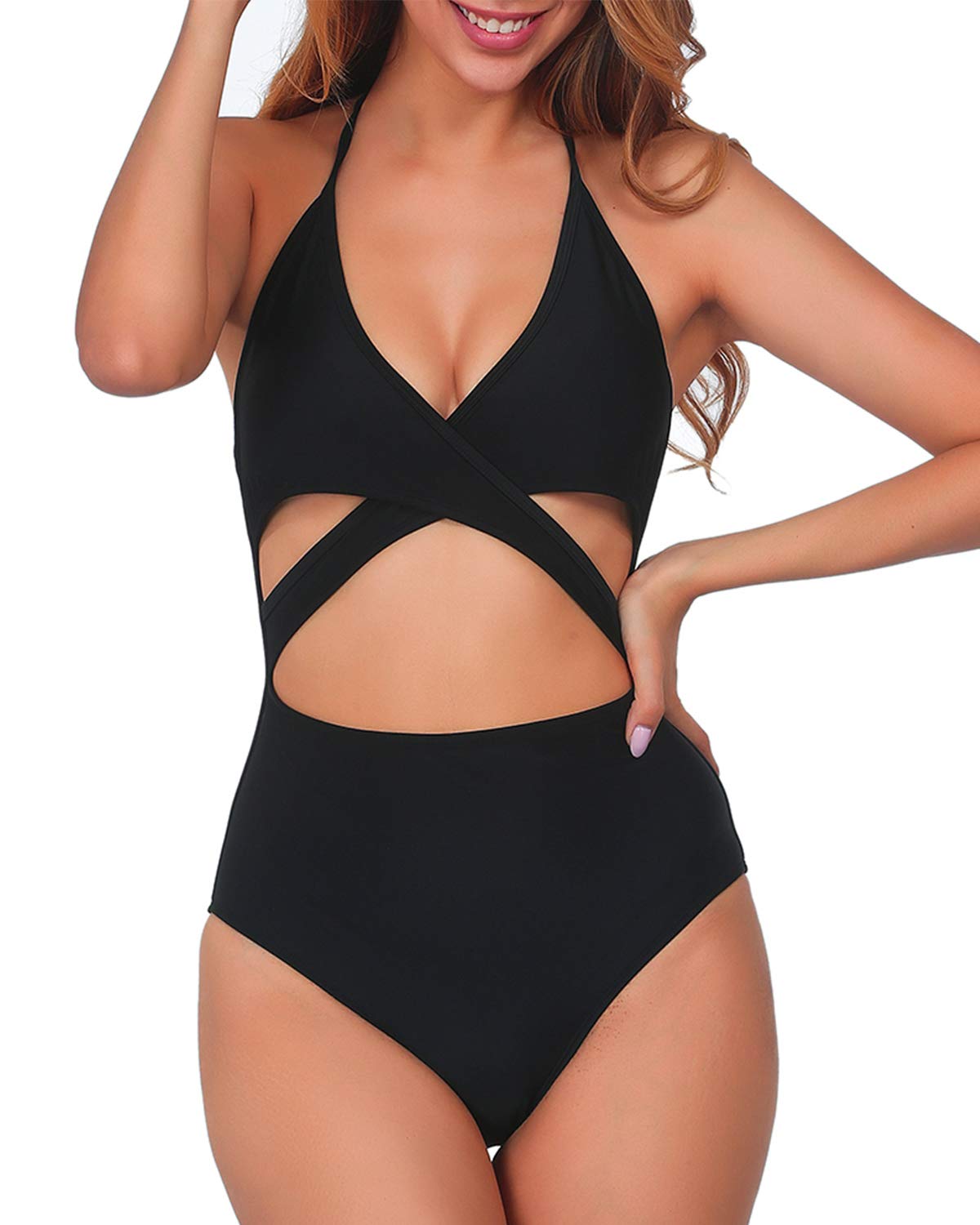 Women One Piece Sexy Bikini Front Criss Cross Halter Strappy