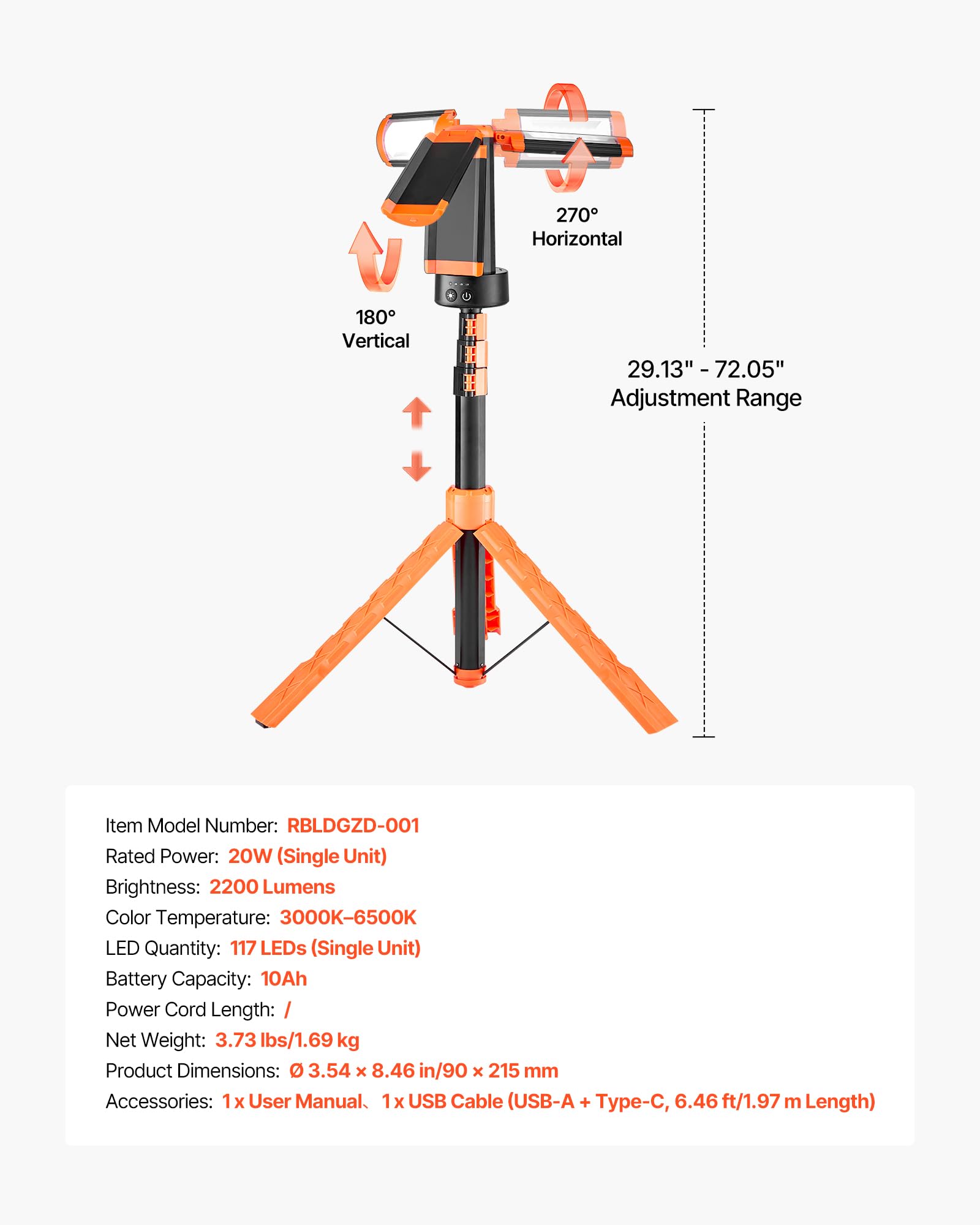 VEVOR Lampada da Lavoro a LED con Supporto 10 Ah, Luce da Campeggio Ricaricabile Senza Fili, 3 Teste Lampada, Treppiede Staccabile, 2200 Lumen 3000 K-6500 K Dimmerabile, Illuminazione per Cantieri