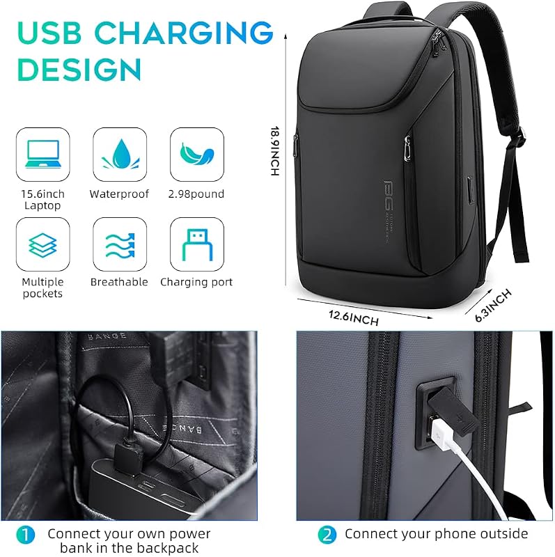 BANGE Üzleti Intelligens Vízálló Laptop Hátizsák 15.6" USB Töltőporttal - L, Black