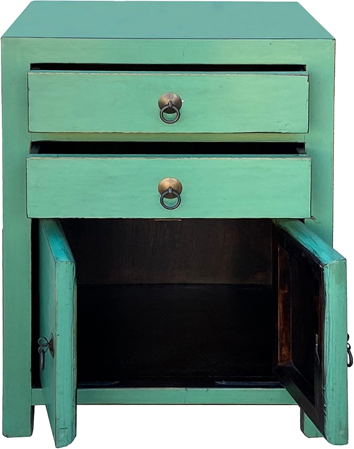 Chinese Distressed Turquoise Green 2 Drawers End Table Nightstand Acs7420