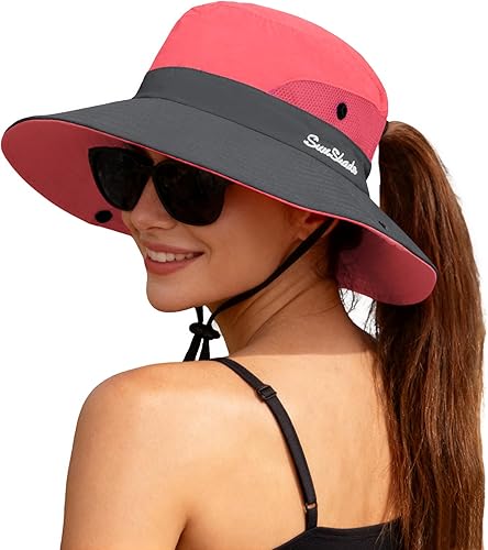 ZOORON Sombrero de safari para cola de caballo para mujer, ala ancha, protección UV, sombrero de cubo al aire libre, sombrero de pesca plegable para