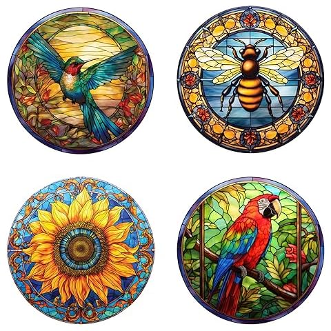 WBQMUNY 4 Sheets Sunflower Stained Glass Window Sticker,Sunflower Suncatcher,Cardinal Decor Stained Colorful 3D Static Window Glass Stickers,Home Decor,Gift for Mother Cover